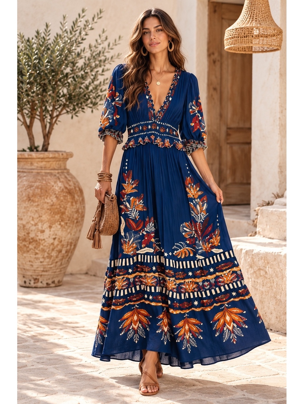 FARM Rio Navy Floral Border Print Boho Maxi Dress M